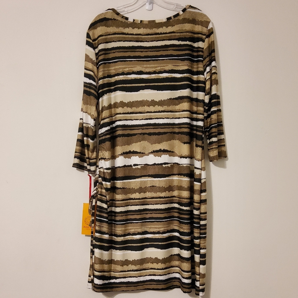 Ruby Rd. Brown/Tan/Black/Cream Striped Ruched Shift Midi Dress - Picture 4 of 8